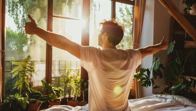 A person waking up naturally in the morning, feeling refreshed and energized. Sunlight is streaming through the window, and the person is smiling. The room is tidy and organized.