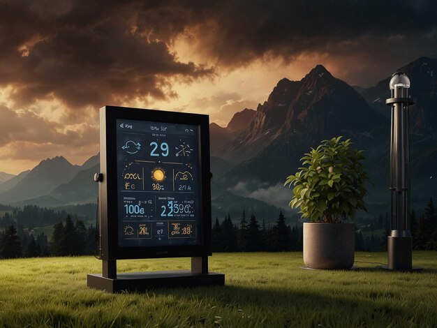 A modern solar panel installation with advanced monitoring system displaying real-time energy production data. The screen shows graphs indicating efficiency levels even on a partially cloudy day.