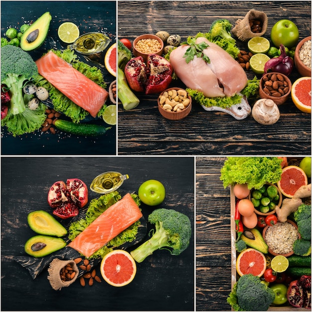 A split frame image showing healthy foods on one side (fruits, vegetables, lean protein) and processed foods and sweets on the other (chocolate bars, soda, fast food). The background is blurred but represents a kitchen setting.