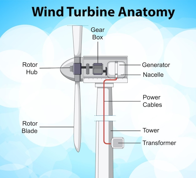 A diagram showing the basic components of a homemade wind turbine, including blades made from PVC pipes, a small generator, a tower, and wires connecting to a battery for energy storage. The diagram is clean, easy-to-understand, and labeled in a clear font.