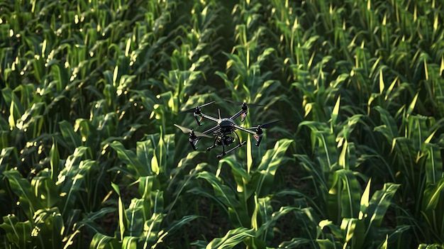 An agricultural drone hovering over a cornfield, capturing detailed multispectral images of the corn plants. The image should highlight the drone's sensors and the corn plants' health, with vibrant green leaves and some showing signs of nutrient stress.