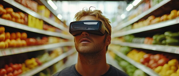 A customer wearing an AR headset is virtually navigating through a supermarket, selecting items from virtual shelves that overlay the real-world environment, showcasing the potential of AR for immersive shopping experiences.