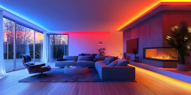 A modern living room with smart LED lighting. The lights are set to different colors and intensities, creating a cozy and energy-efficient environment.