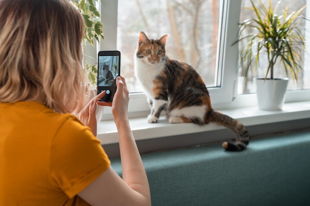 A close-up shot of a woman interacting with her cat through a smart pet camera, holding a smartphone displaying the live feed. Focus on the screen and the cat's curious expression.