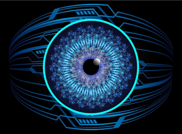 A artistic representation of a human eye with the pupil shaped like a radar screen, showing multiple layers of vision and sensory data represented as colorful lines and geometric shapes. The background is a dark, starry sky.