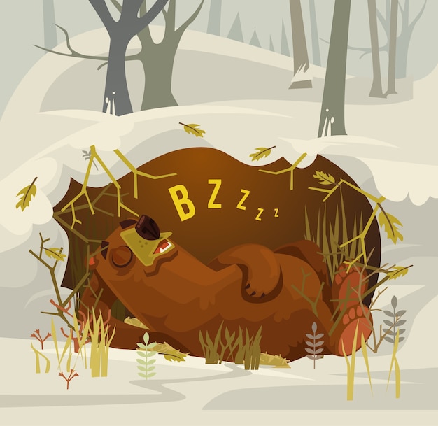 A digital illustration depicting a cross-section of an underground burrow, revealing a hibernating bear in a den lined with leaves and snow, the layers of fat on its body, and the overall protective structure of the den in winter conditions.