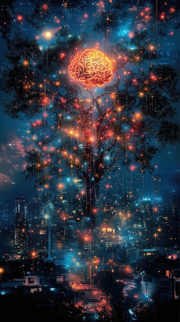 A digital art depicting a brain silhouette filled with colorful abstract dreamscapes, floating in a dark night sky filled with stars. The artwork evokes the mystery and wonder of dreams.