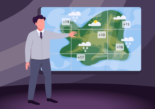 A meteorologist standing in front of a green screen, pointing to a weather map. The map shows various weather patterns, including temperature gradients, precipitation, and wind direction.