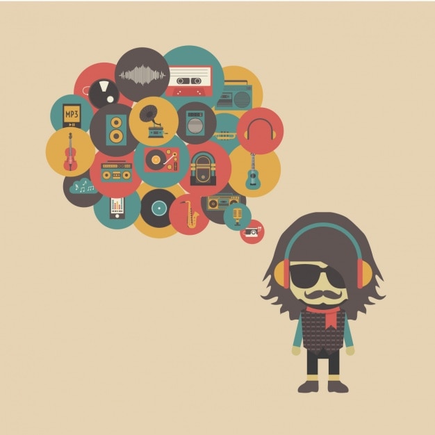 A colorful illustration depicting a person studying with headphones on, surrounded by musical notes and brain icons, symbolizing the connection between music, learning and memory.