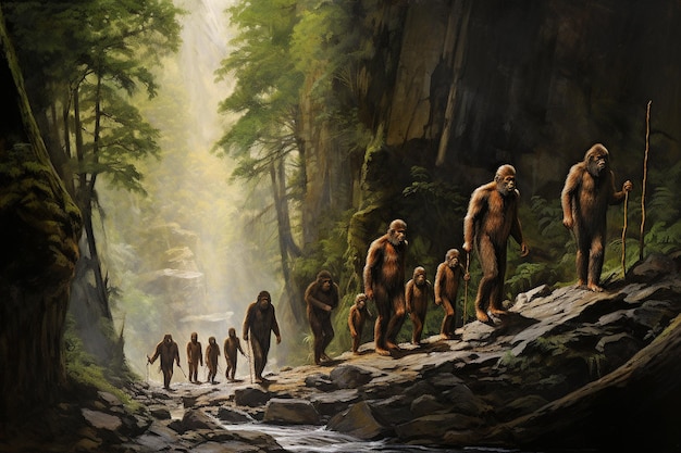 A paleoartistic reconstruction of a group of Australopithecus afarensis individuals walking across a grassy plain in East Africa, with trees and volcanic hills in the background.