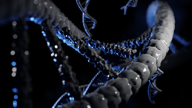 A detailed image of a strand of DNA, highlighting the double helix structure and the encoding of genetic information, set against a background of biomedical research equipment.