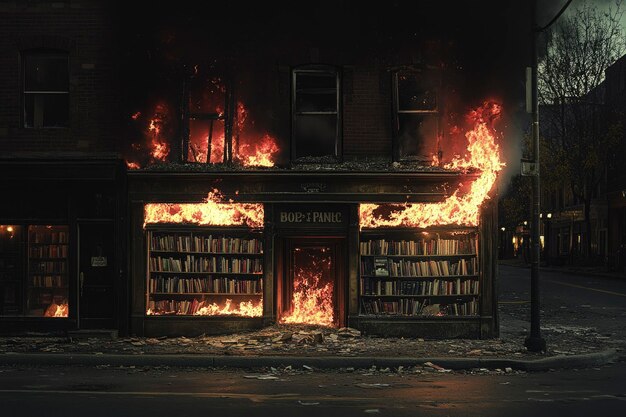 A dramatic and historical illustration depicting a large fire engulfing a library. Flames are seen consuming bookshelves and historical documents. Firefighters are shown attempting to douse the fire with water. The scene conveys the chaotic and destructive nature of the event, emphasizing the loss of cultural heritage.