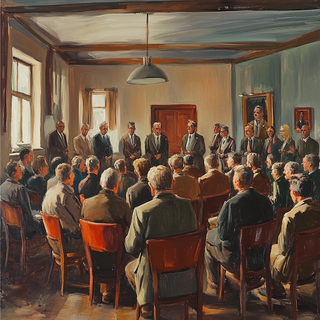 A historical painting shows a meeting room filled with Brazilian politicians and diplomats in the early 19th century, intensely debating and discussing the terms of Brazil's independence from Portugal. The atmosphere is serious and formal.