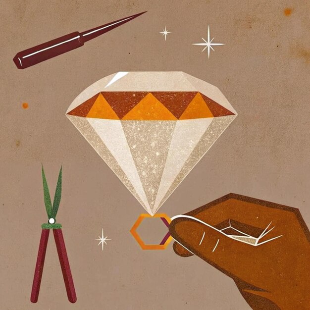 A vintage illustration of skilled jewelers carefully examining and cutting a large, rough diamond. The scene is set in a workshop with tools and equipment typical of the era when the Coroa do Brasil Diamond might have been processed.