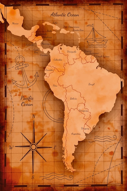 A historical map illustrating the routes taken by Bandeirante expeditions across South America. The map should highlight key locations, indigenous territories, and significant geographical features encountered during their journeys. Different colors could represent different expeditions or routes.