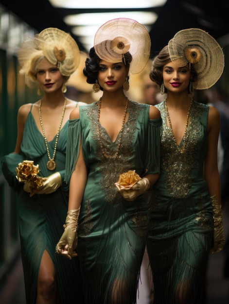 A photograph of a group of fashionable Brazilian women from the 1920s, dressed in flapper dresses, adorned with beads and feathers, posing in front of a grand Art Deco building in Rio de Janeiro, with vintage cars in the background.